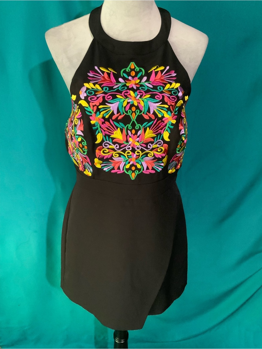 CACHE, BLACK HALTER ROMPER W/VIBRANT FLORAL EMBROIDERY & MEXICAN ARTISAN DESIGN